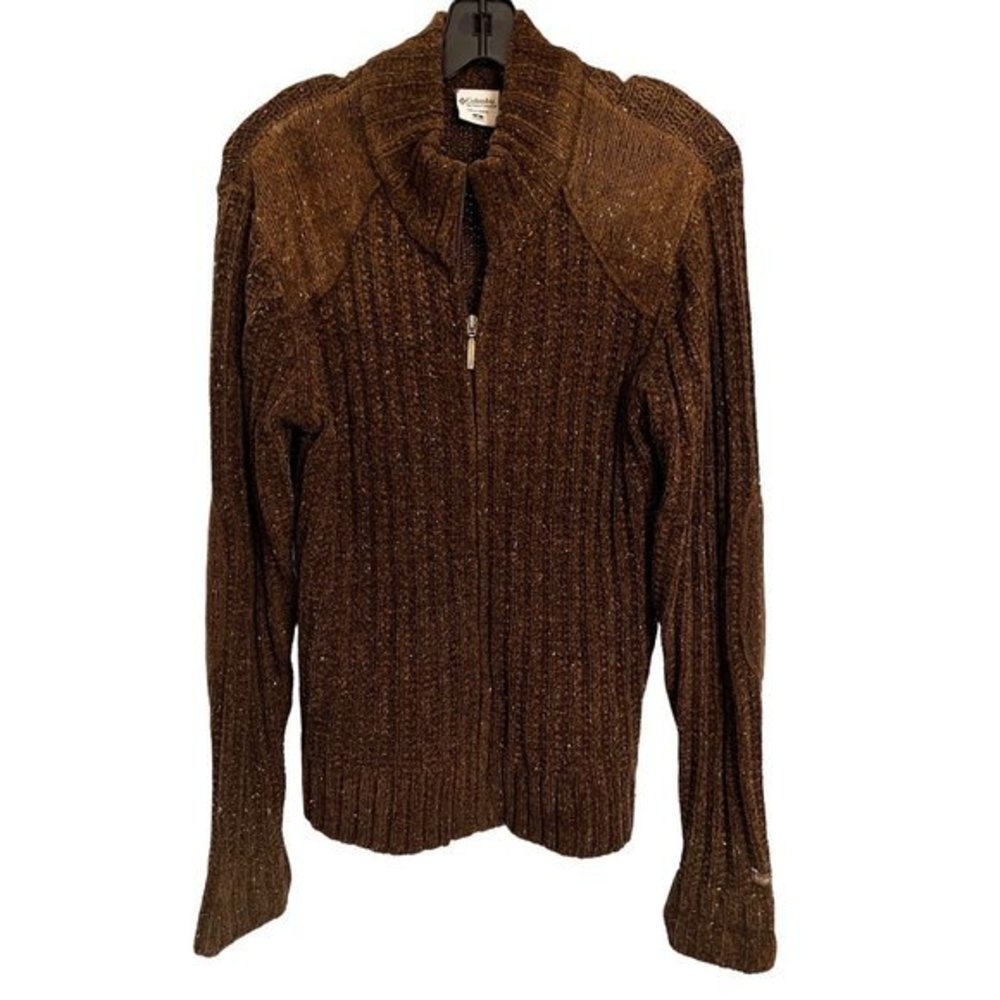 Columbia Cardigan Full ZipUp Sweater Suede Professor Patches Speckle Knit Size m